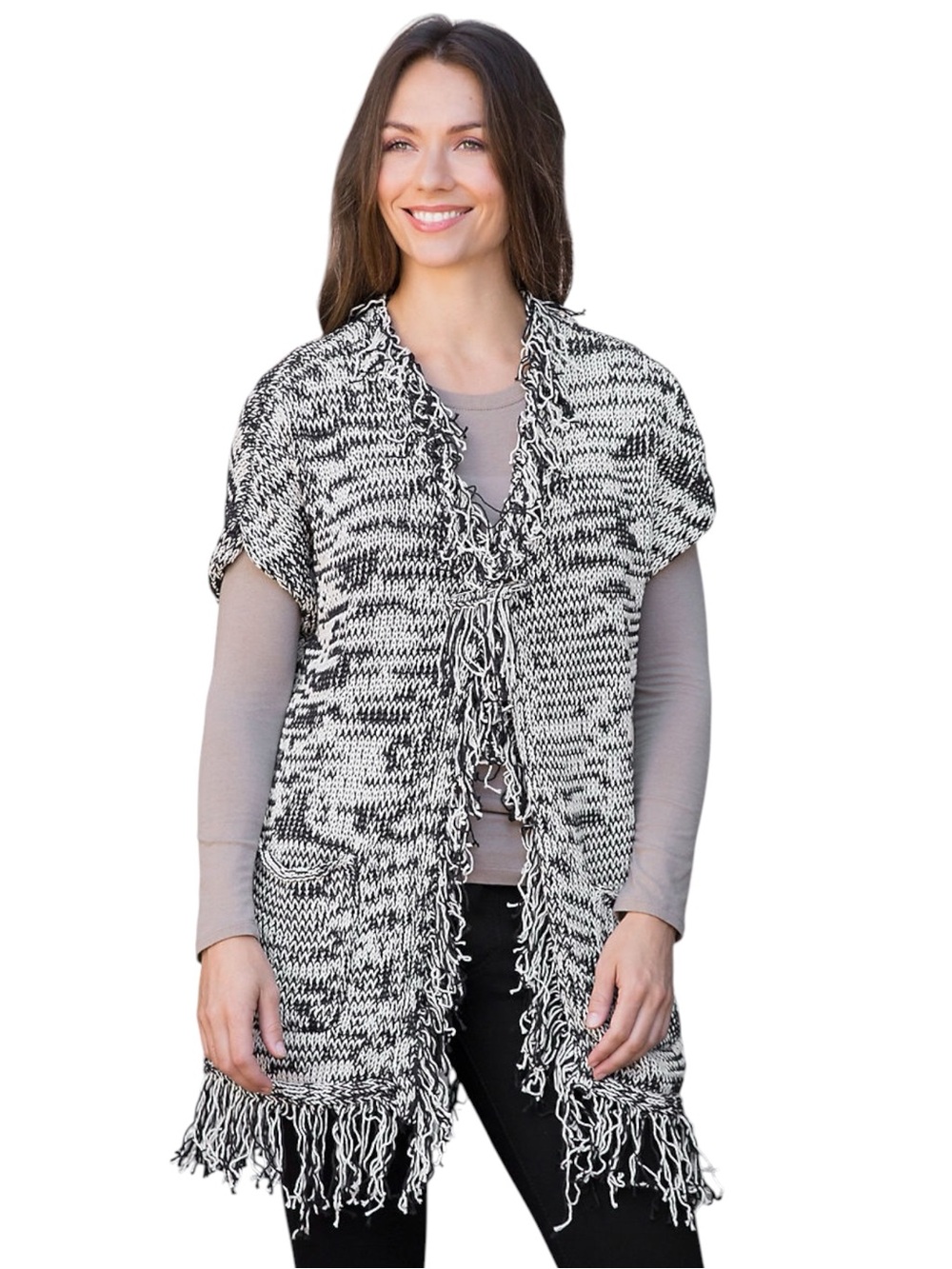 Pure Handknit Black/White Cotton Knit Fringe Long Vest Cardigan Sweater (XS/S)